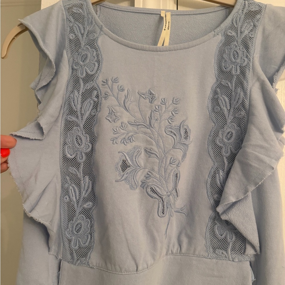 Anthropologie Light Blue Floral Embroidered Blouse